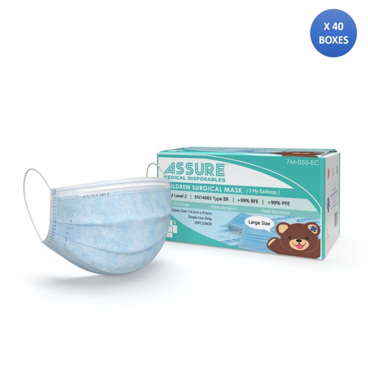 Assure Surgical Child Mask, 3-Ply Earloop (40 Box)